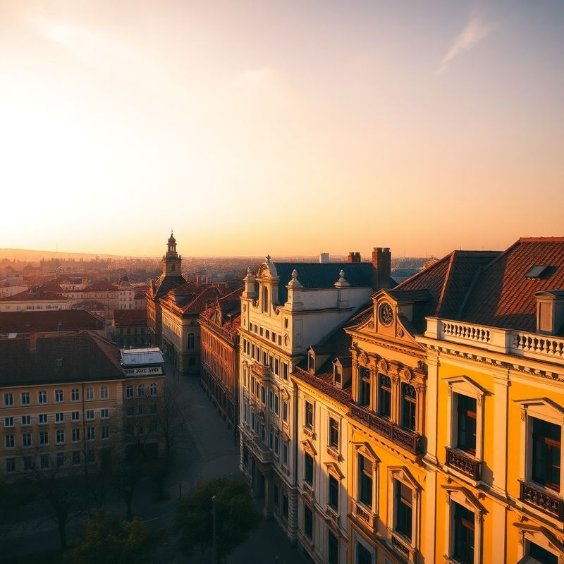 Panoramă a centrului Craiovei la ora aurie, fațade istorice în lumină caldă