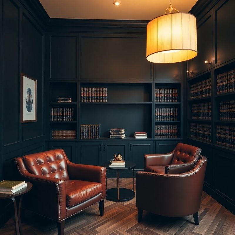 Interior de birou cu pereți cărbune, rafturi cu accente aurii și fotolii din piele