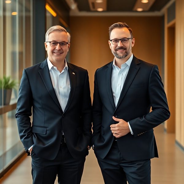Portret a doi consultanți seniori în costume închise, interior cărbune-auriu